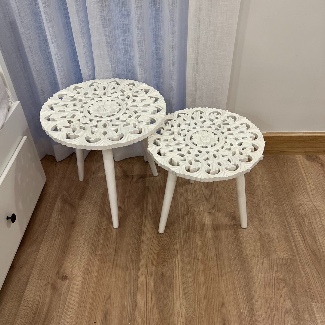 Carved Side Tables Set of 2 - White Wooden Nesting Tables