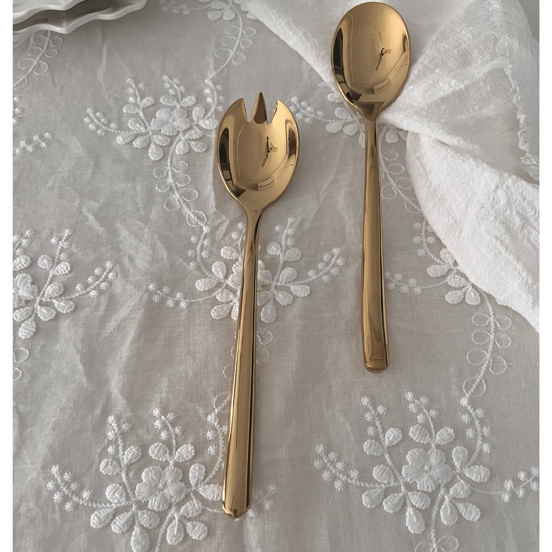 Gold Stainless Steel Serving Spoon and Fork Set