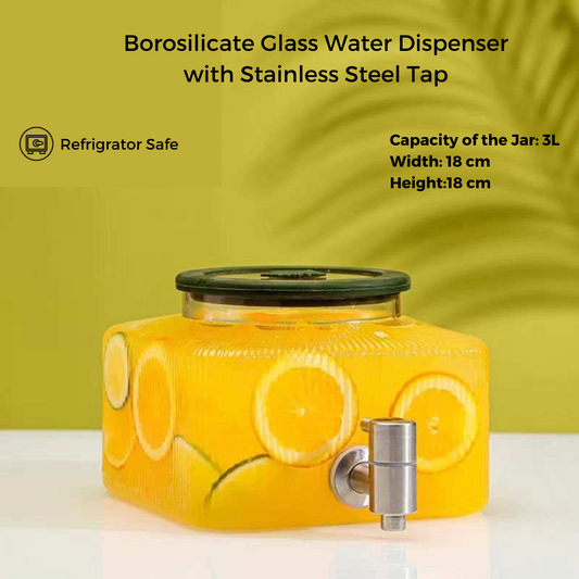 Borosilicate Glass Water Dispenser with Silver Stainless Steel Tap - 3200ml