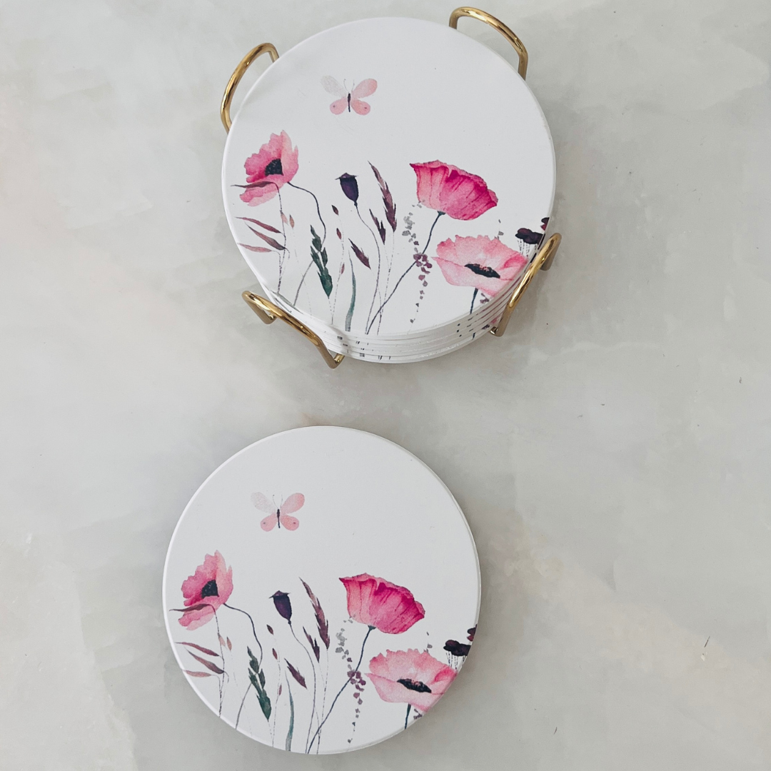 Coasters with Gold or Black Frame - Set of 7 - White, Pink & Gold