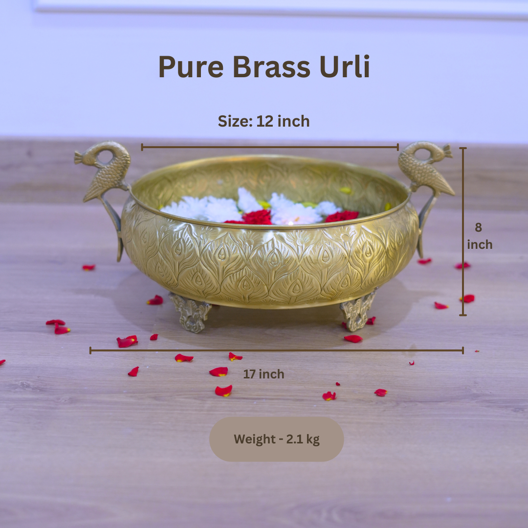 Handcrafted Gold Brass Urli with Peacock Handles | Chitai Work (10 & 12 Inch)