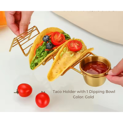 Taco and Sandwich Holder Stand with Dip Bowls | Gold & Silver | Stainless Steel