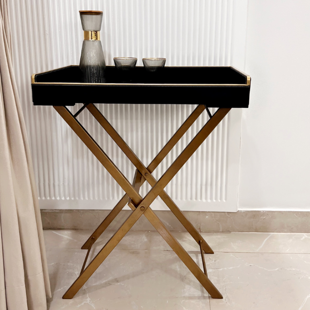 Black & Gold Butler Tray Table - Faux Leather, Foldable Metal Stand