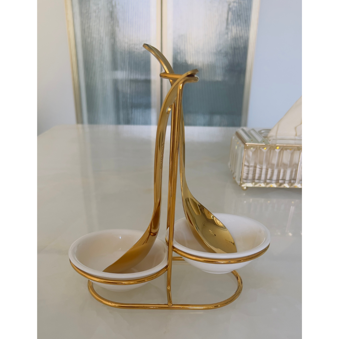 Double Stand for Serving Spoon - Gold & Silver (Ceramic Bowl included)