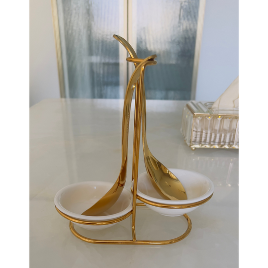 Double Stand for Serving Spoon - Gold & Silver (Ceramic Bowl included)