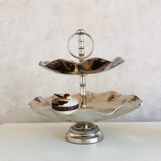 Luxury 2-Tier Metal Serving Tray & Stand | Scalloped Edge