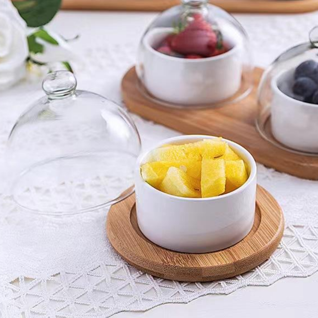 Elegant 3-piece set: ceramic bowl, glass cloche, and wooden base tray