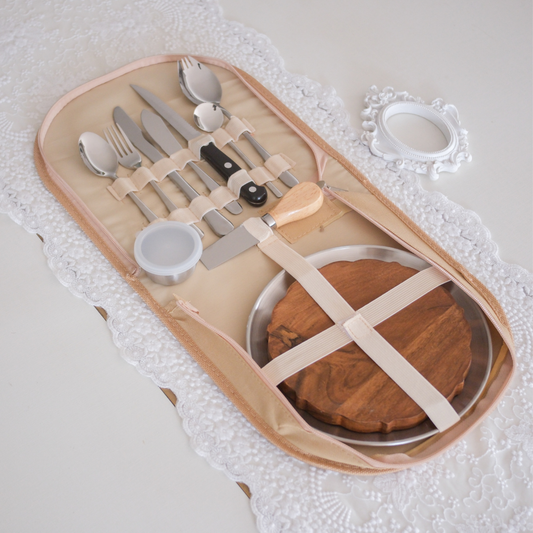 304 stainless steel travel cutlery set with divided plate and zippered carry case