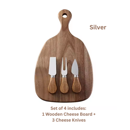 4-Piece Cheese Knife Set with Wooden Cheese Board – Heart, Thin & Fork Knife | Premium Gold & Silver Finish for Charcuterie & Gifting