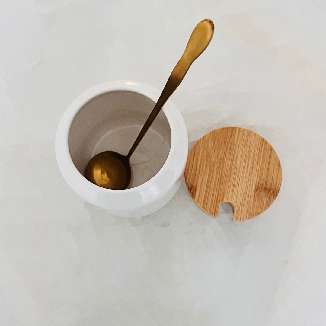 White Ghee Pot Jar with Wooden Lid & Gold Spoon