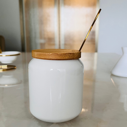 White Ghee Pot Jar with Wooden Lid & Gold Spoon