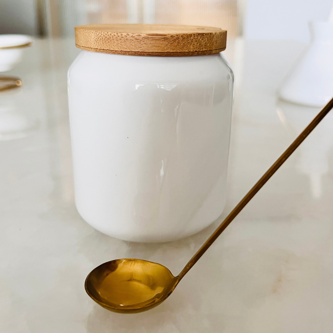 White Ghee Pot Jar with Wooden Lid & Gold Spoon