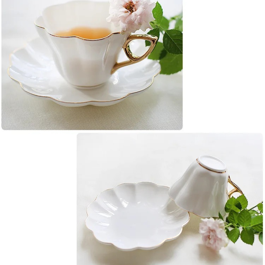 French White and Gold Tea Cup and Saucer Set - High-Quality Porcelain