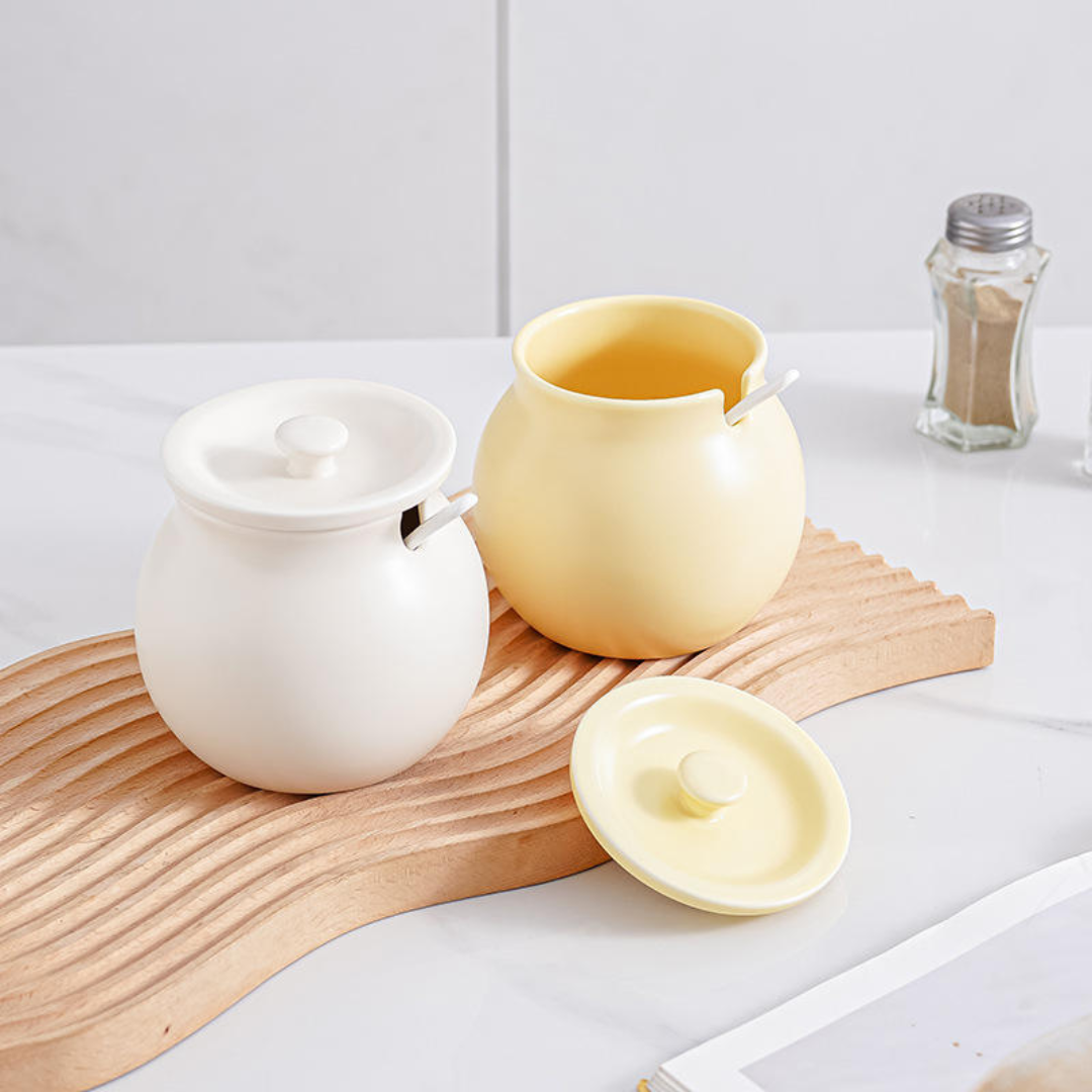 Designer porcelain ghee storage pot with matching spoon and lid