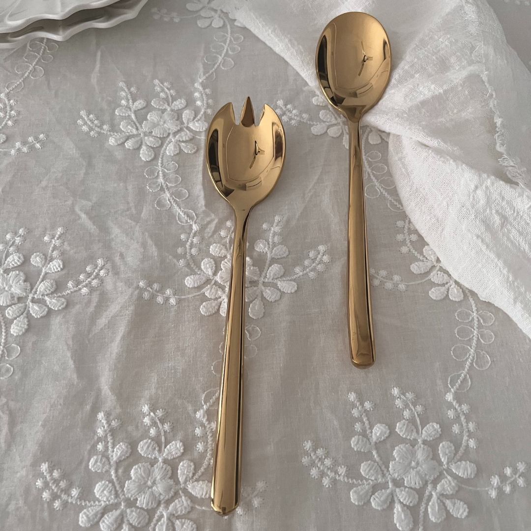 Gold Stainless Steel Serving Spoon and Fork Set