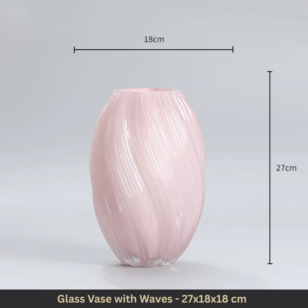 Luxury Glass Vase with Wave Pattern – Lime Yellow & Dusty Pink