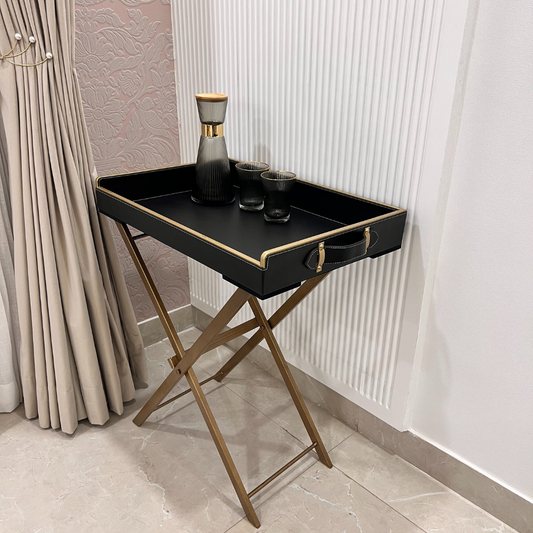 Bar Tray Table with Foldable legs - Faux Leather & Metal Stand