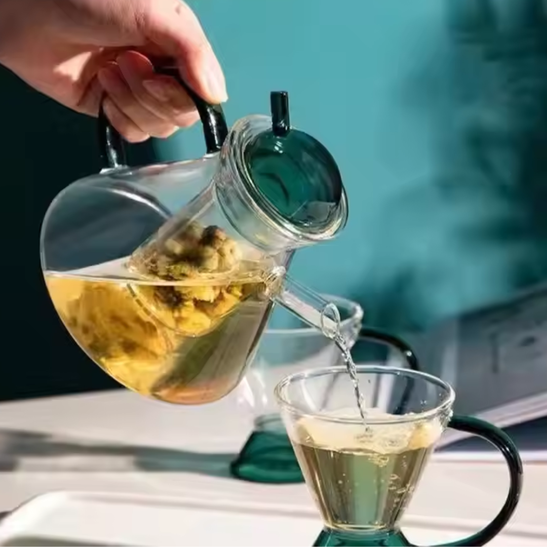 Green Borosilicate Glass Teapot Set – Luxury Heat Resistant Glass Teapot with 2 Cups (Set of 3)