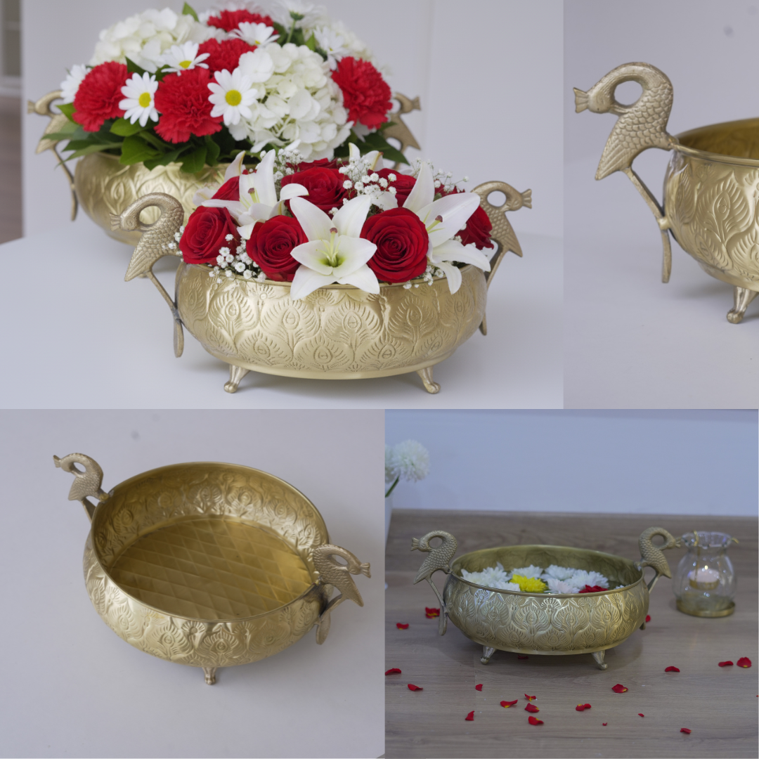Handcrafted Gold Brass Urli with Peacock Handles | Chitai Work (10 & 12 Inch)