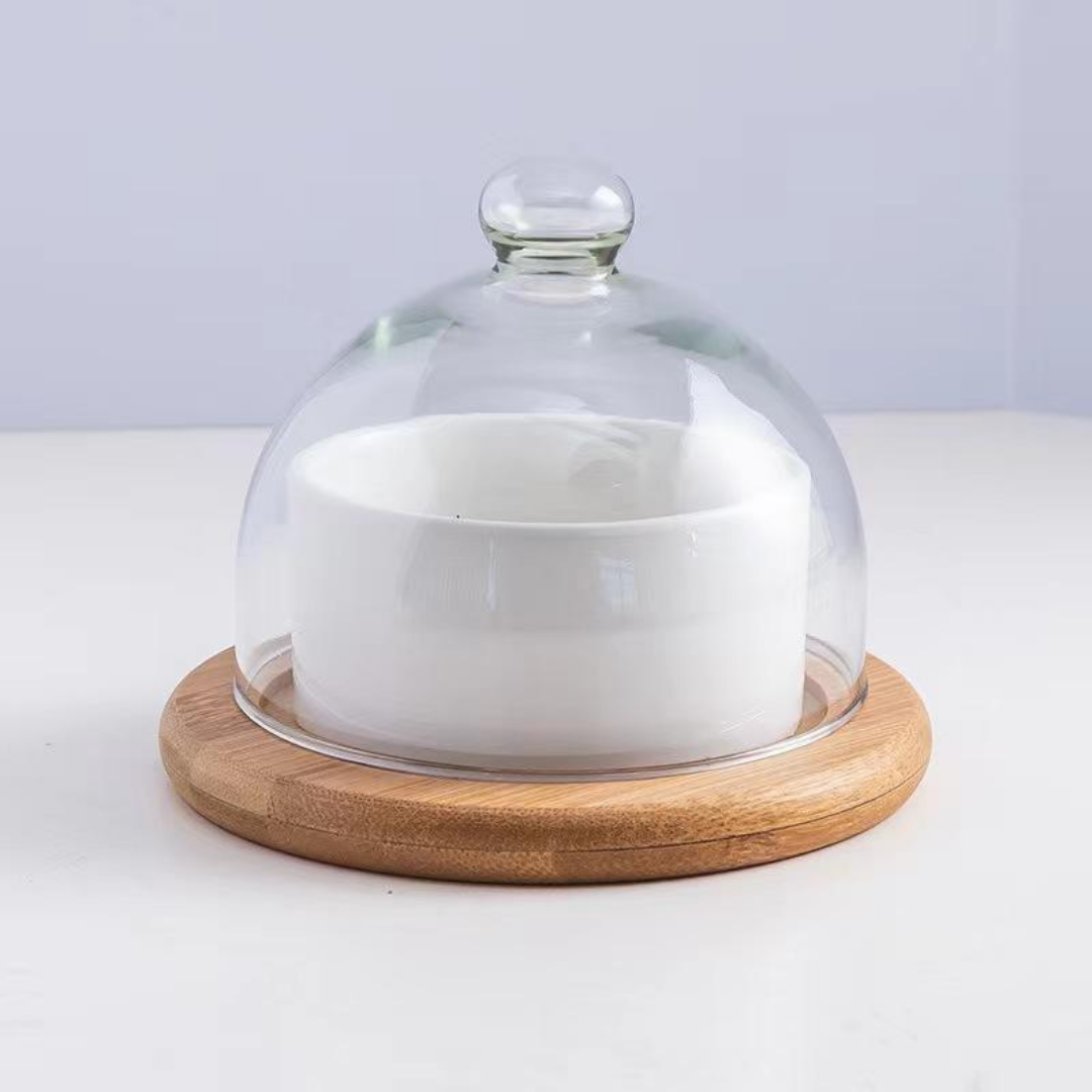 Luxury Ceramic Dessert Bowl with Glass Cloche & Wooden Tray – 3 Pc Set