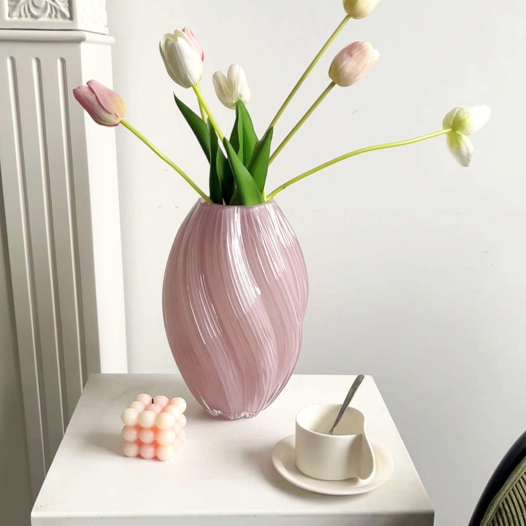 Luxury Glass Vase with Wave Pattern – Lime Yellow & Dusty Pink