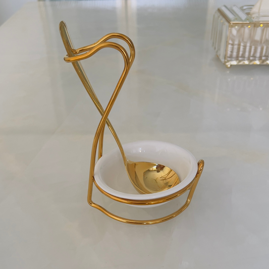 Serving Spoon Stand with Ceramic Bowl - Single - Gold
