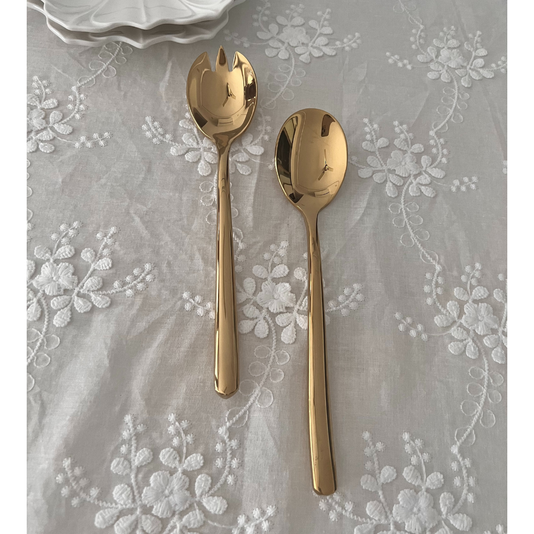 Gold Stainless Steel Serving Spoon and Fork Set