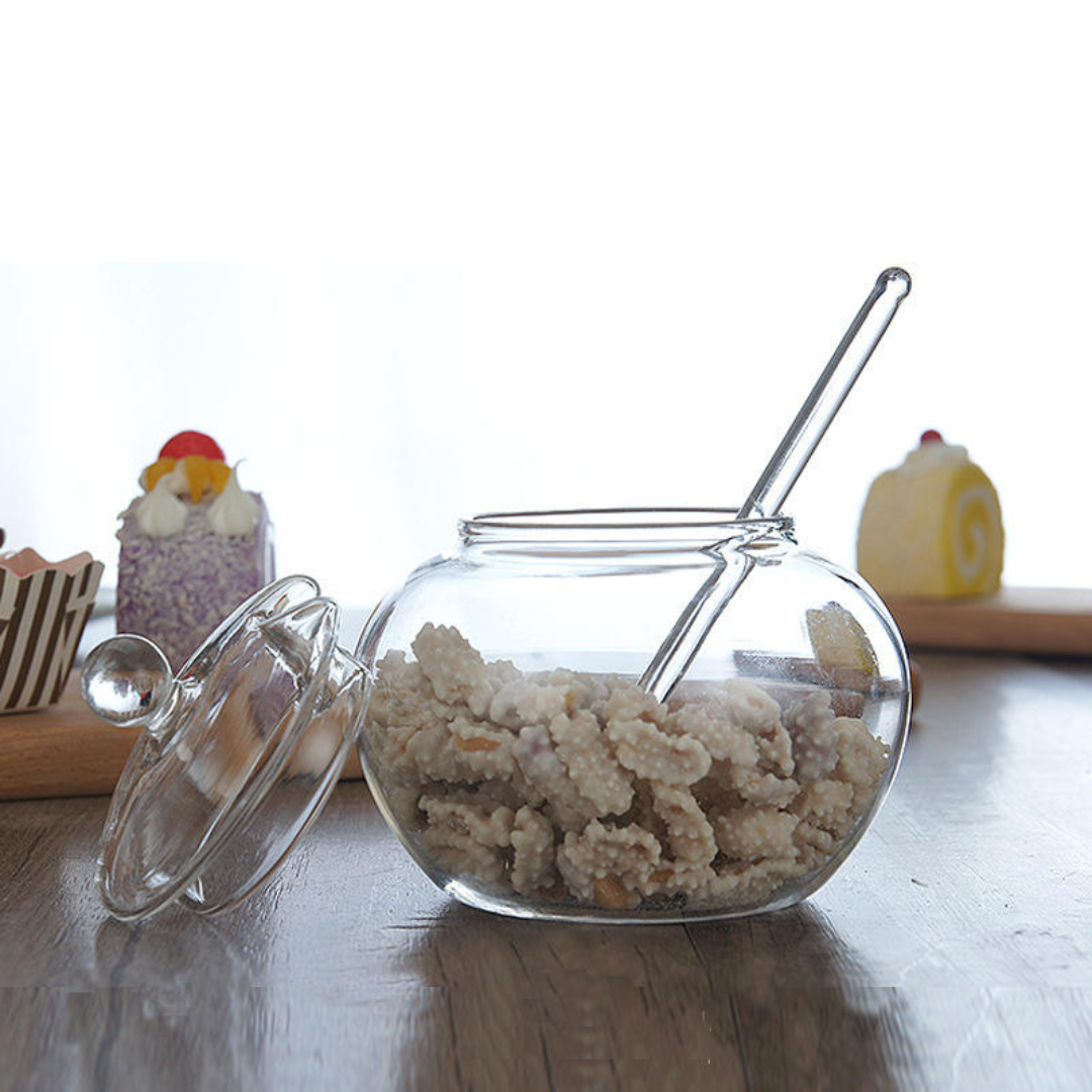 Luxury Glass Ghee Jar & Sugar Pot with Lid & Spoon – 300ml Borosilicate