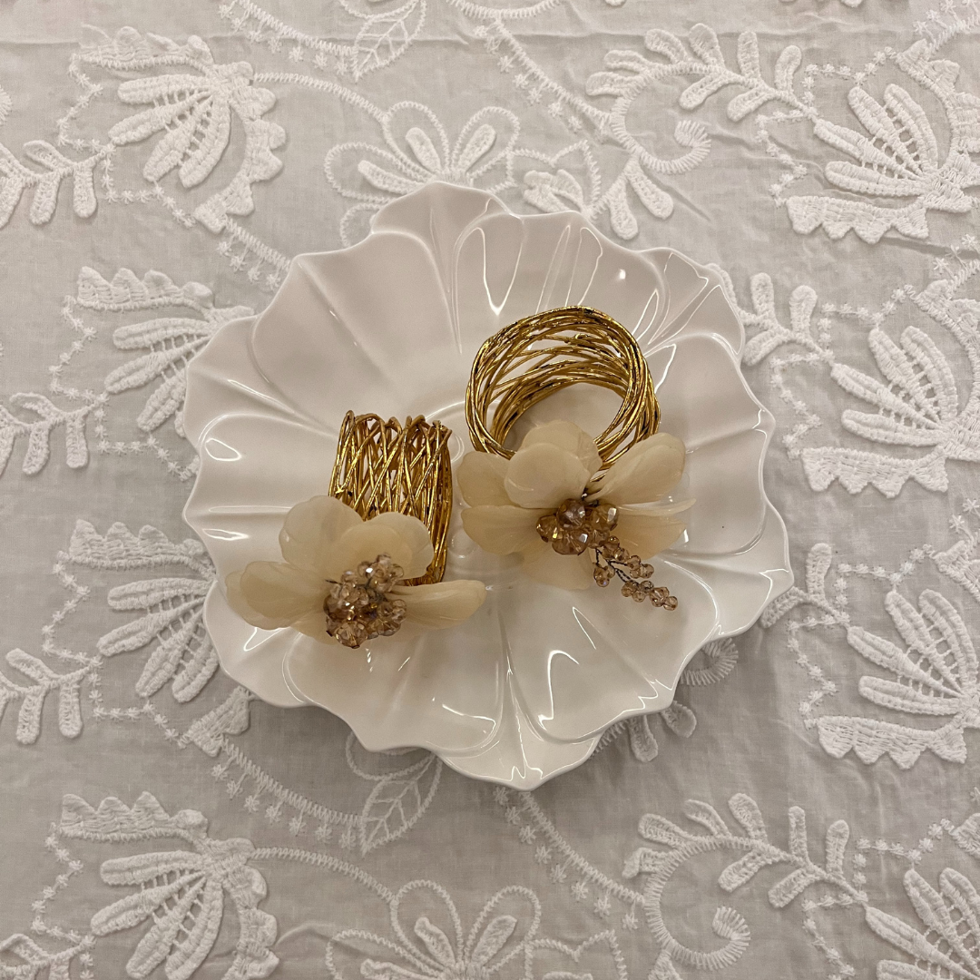 Napkin Rings with Stone Flower Accent - Off-white and Gold