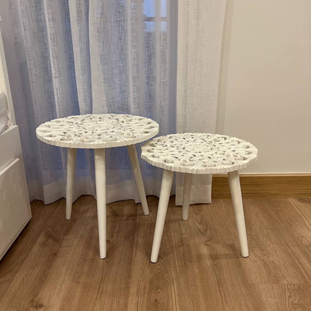 Carved Side Tables Set of 2 - White Wooden Nesting Tables