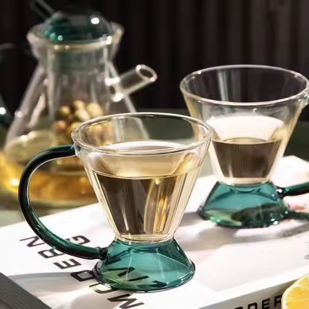 Green Borosilicate Glass Teapot Set – Luxury Heat Resistant Glass Teapot with 2 Cups (Set of 3)