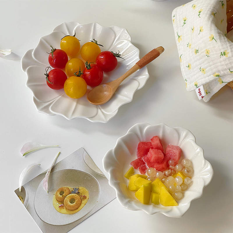 French Ceramic Flower-Shaped Soup Bowl and Snack Plate Set