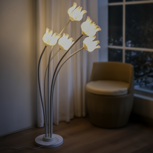 Elegant white 5 lotus flower inspired LED floor garden light with warm ambient glow for luxury home décor.