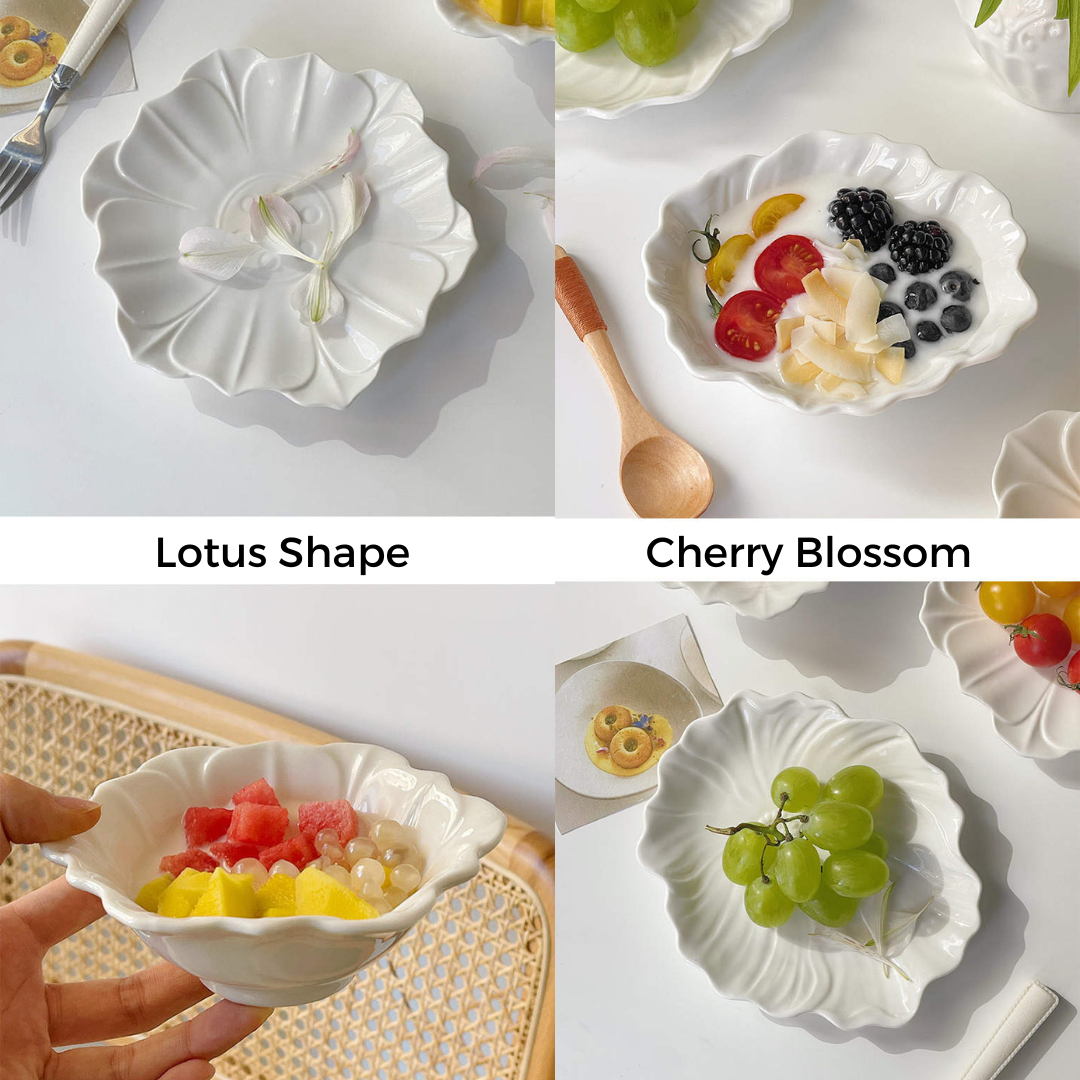 French Ceramic Flower-Shaped Soup Bowl and Snack Plate Set