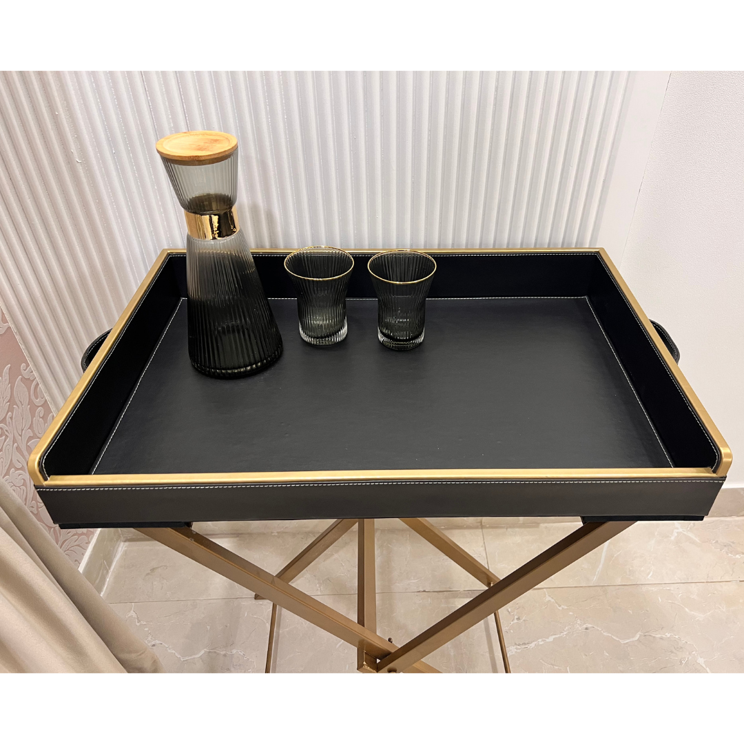 Black & Gold Butler Tray Table - Faux Leather, Foldable Metal Stand