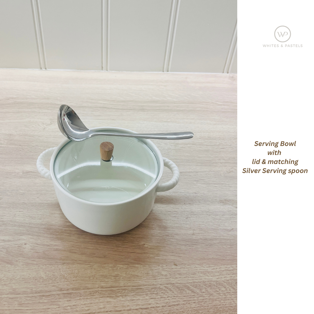 Ceramic serving bowl with stainless steel spoon (Silver) – dinnerware online India