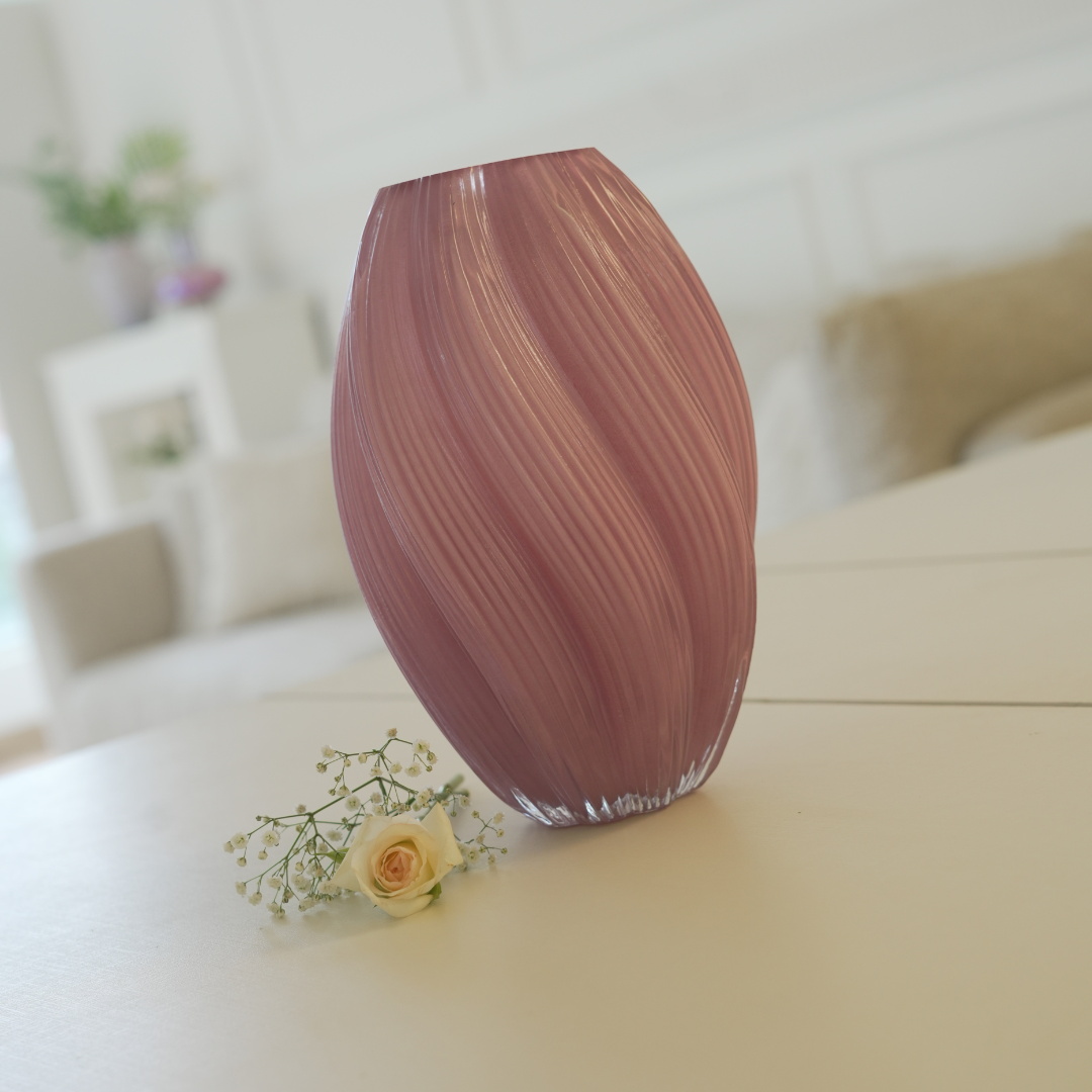 Luxury Glass Vase with Wave Pattern – Lime Yellow & Dusty Pink