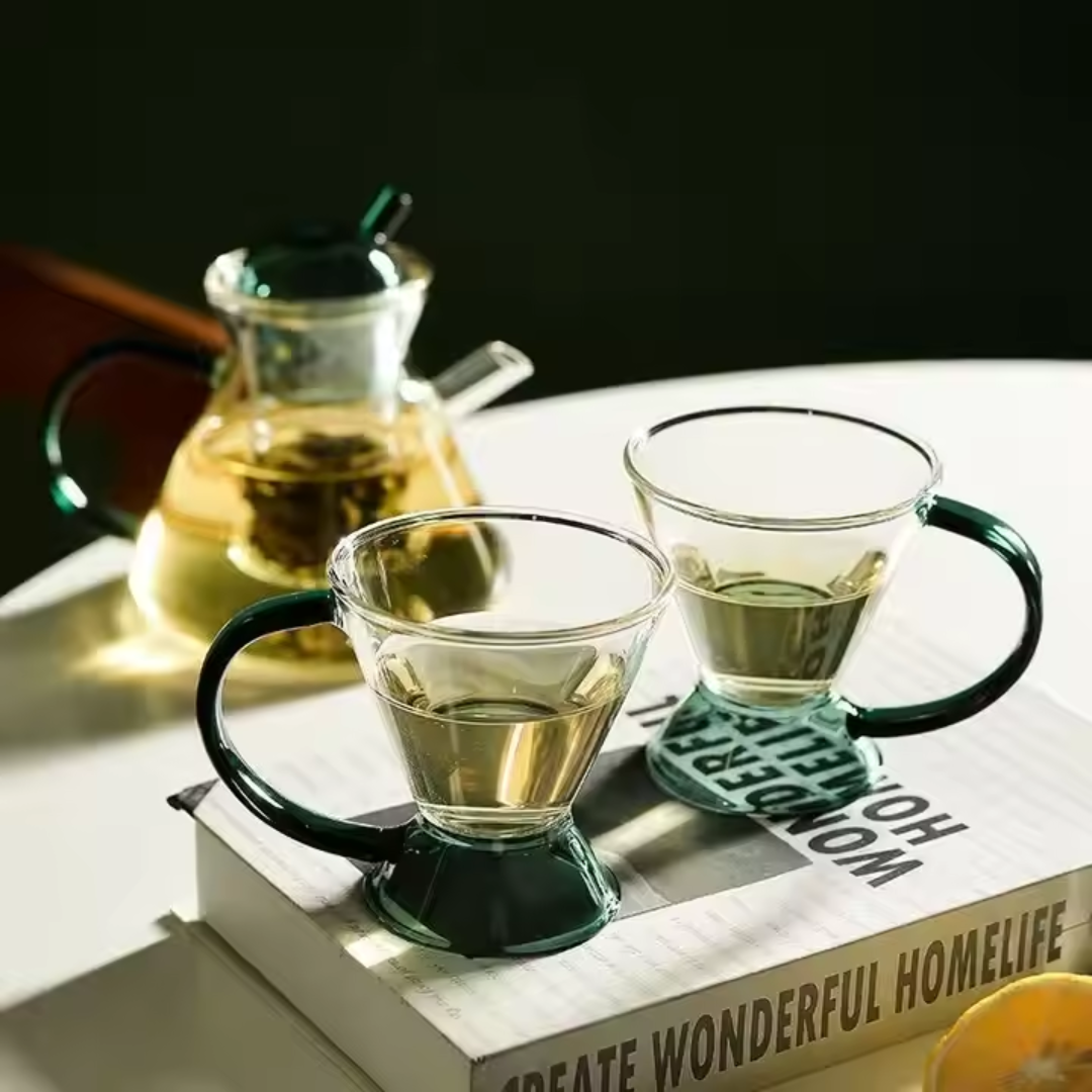Green Borosilicate Glass Teapot Set – Luxury Heat Resistant Glass Teapot with 2 Cups (Set of 3)