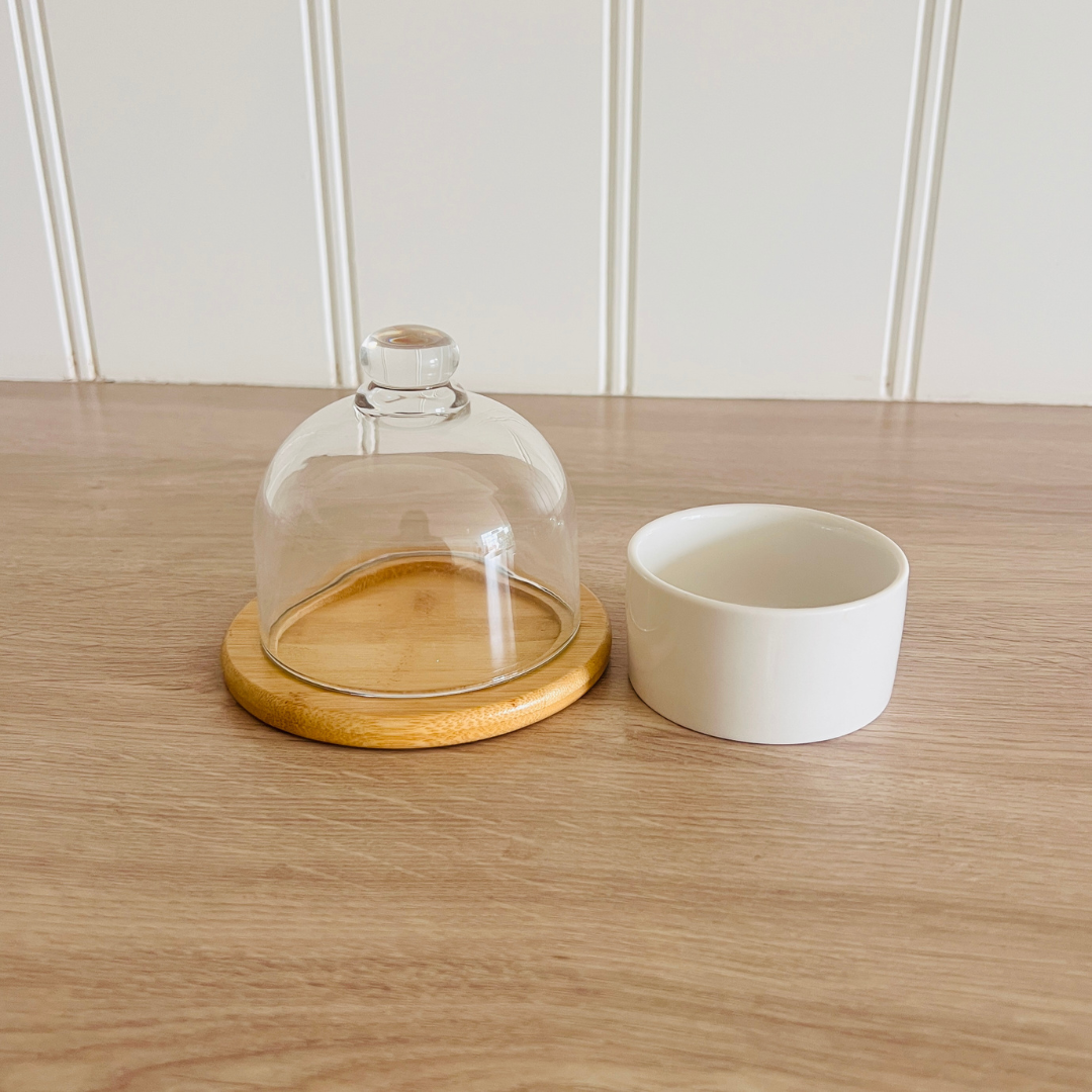 Luxury Ceramic Dessert Bowl with Glass Cloche & Wooden Tray – 3 Pc Set