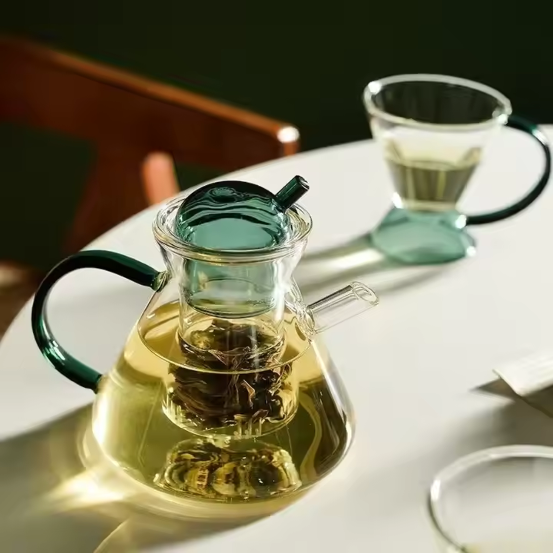 Green Borosilicate Glass Teapot Set – Luxury Heat Resistant Glass Teapot with 2 Cups (Set of 3)