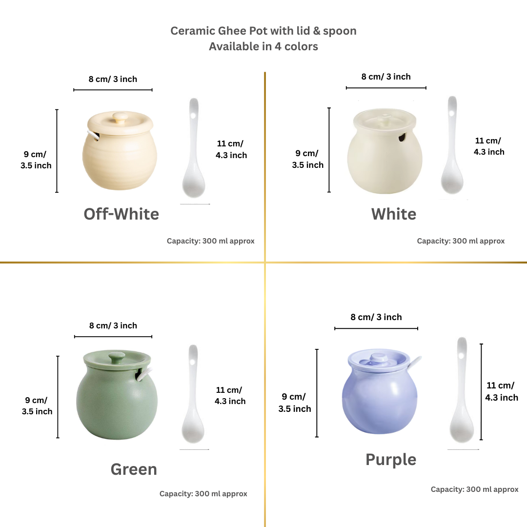 Ghee Pot with Lid & Spoon – 300ml | Microwave Safe | Luxury Porcelain material