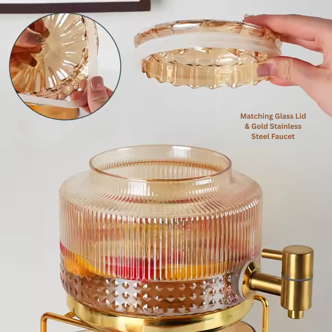Stylish glass dispenser with stainless steel tap for parties or home bar