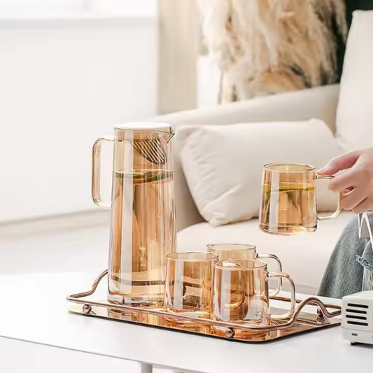 Amber borosilicate glass jug set with 6 handled cups – 1800 ml carafe