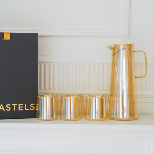 Luxury Gold & Amber Glass Jug Set with 6  Glasses