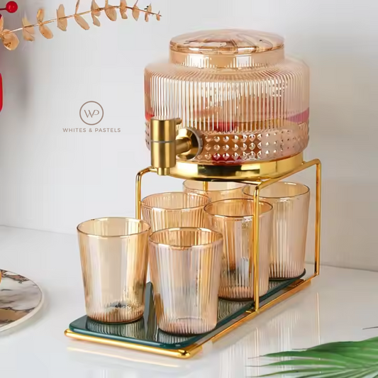 Amber glass water dispenser with gold faucet and lid – Whites & Pastels