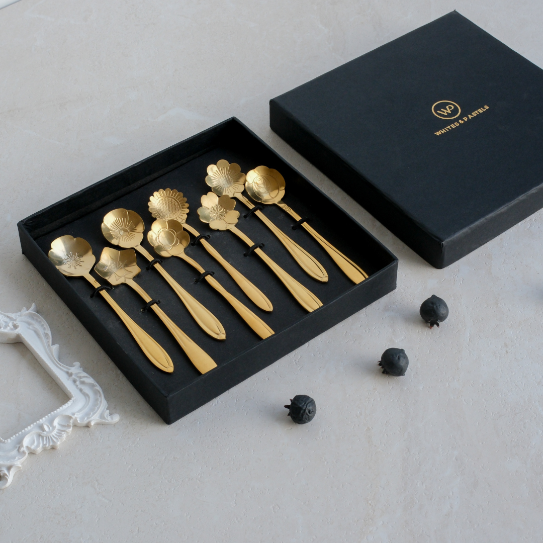 Set of 8 dessert spoons placed in a giftbox with Whites & Pastels logo as well