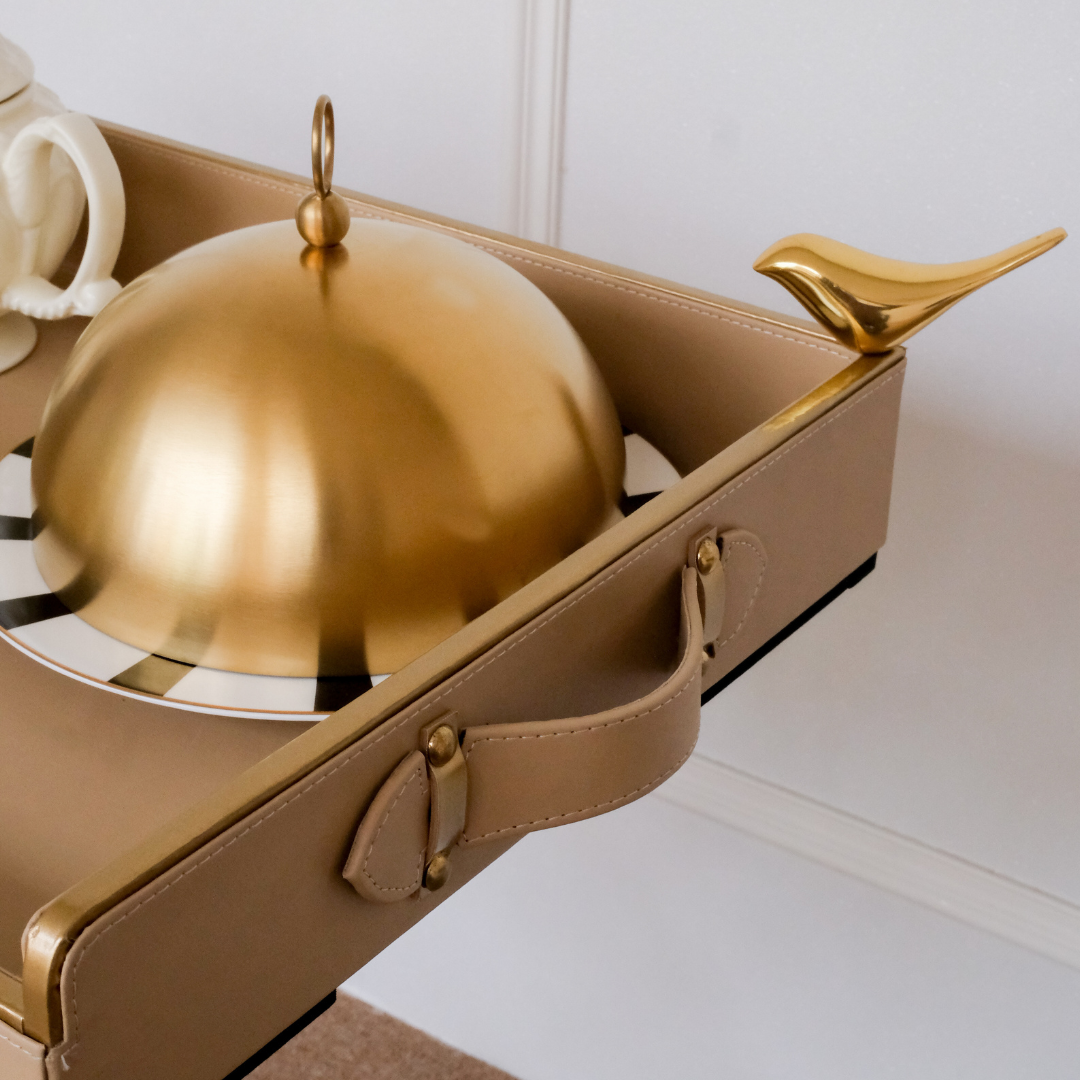 Beige Butler Tray with Decorative Gold Bird Handle