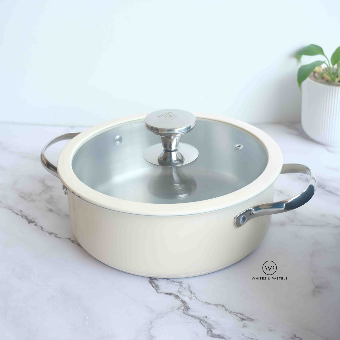 Stainless steel cookware set with silicone ring glass lid beige white