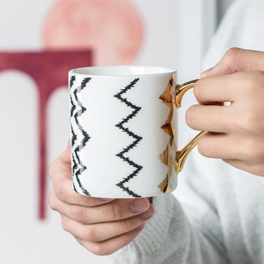 Black White Coffee Mug with gold handle and geometric print