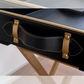 Black faux leather butler tray with foldable gold metal stand for serving breakfast, tea and coffee in style